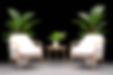 Zarif beyaz sandalyeler, küçük bir masa ve yemyeşil bitkiler içeren şık bir oturma alanı, dinlenmek için sakin ve davetkar bir atmosfer yaratıyor..