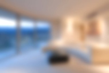 Huzurlu, modern bir oturma odası. Minimalist tasarım, geniş pencereler ve huzurlu ve davetkar bir ortam yaratan nefes kesici manzaralar..