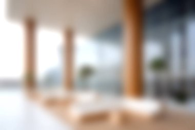 Geniş pencereler, ahşap sütunlar ve minimalist mobilyaların bulunduğu sakin ve modern bir salon. Sakin ve şık bir atmosfer yaratmak için mükemmel..