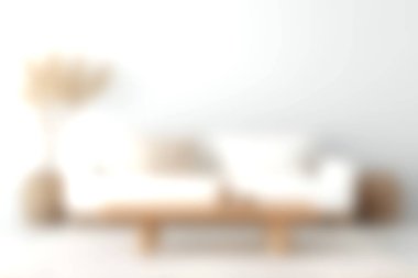 Parlak ve cezbedici minimalist bir oturma odasında rahat beyaz bir kanepe sergileniyor. Ahşap bir sehpa ve güzel bir iç mekan bitkisi ile eşleştirilmiş. Rahatlamak için mükemmel..