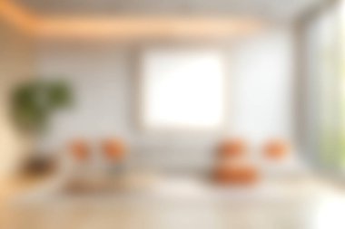 Parlak ve rahat bir oturma odası. Modern minimalist tasarımı sergiliyor. Geniş doğal ışık, davetkar koltuklar ve ferahlatıcı bir atmosfer için yeşil bitkiler..