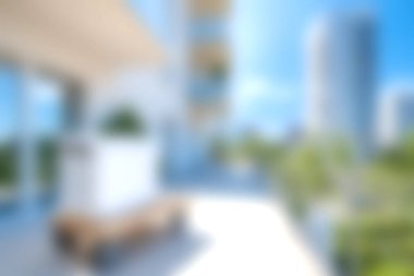 Saksı bitkileriyle süslenmiş sakin bir şehir balkonu, parlak güneş ışığını yansıtarak modern şehir manzarasında sakin bir atmosfer yaratır. Rahatlamak için mükemmel..