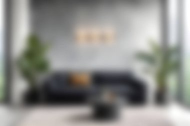 Gri bir duvara yaslanmış parlak siyah bir kanepenin bulunduğu modern bir oturma odası keşfedin. Dekoratif bitkiler ve şık sanatla geliştirilmiş, samimi ve davetkar bir atmosfer yaratıyor..