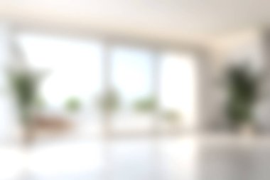 Geniş pencereler, doğal ışık ve bereketli ev bitkilerinin yer aldığı parlak ve modern bir minimalist oturma odası, rahatlama ve ev dekorasyonu için mükemmel..