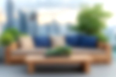 Modern bir açık hava yaşam alanı deneyin şık bir kanepe, canlı yastıklar, ve yemyeşil arka planda çarpıcı bir şehir silüeti ile.