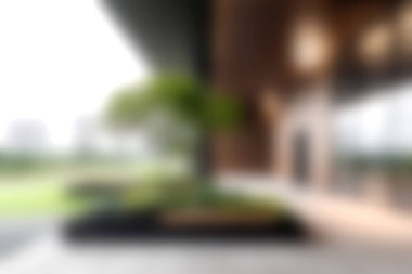 Bulanık görünümlü modern mimari tasarım canlı yeşillik ile eşleştirildiğinde açık alanlarda bir sükunet ve zarafet hissi uyandırıyor..