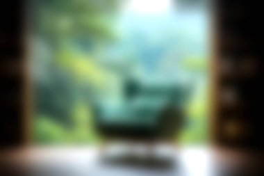 Canlı bir doğa ortamında rahat bir koltuk, pencerenin dışında yumuşak doğal aydınlatma ve yemyeşil bir manzara sunuyor..