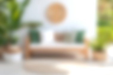 Bu davet edilen oturma odasında minimalist bir tasarım sergileniyor. Konforlu ahşap mobilyalar, canlı yeşil bitkiler ve yumuşak dekoratif elementler parlak, havadar bir alanda..