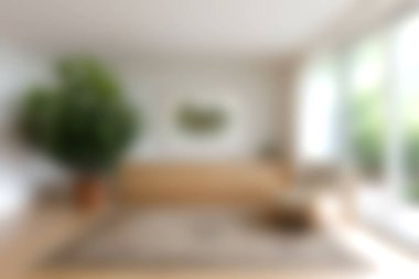 Parlak, modern bir oturma odası, doğal ışık, minimalist dekor, ve büyük bir kapalı bitki, davetkar ve huzurlu bir atmosfer yaratır..