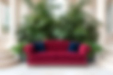 Canlı yeşil bitkilerin arasına zarif bir şekilde yerleştirilmiş şık kırmızı bir kanepe, herhangi bir yaşam alanını geliştirecek rahat bir iç mekan yaratıyor..