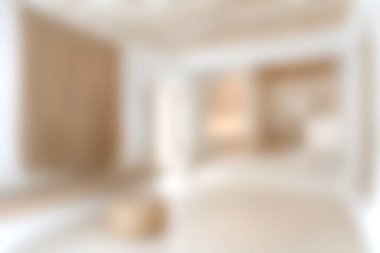 Bu resim, herhangi bir yaşam alanı için sakin ve davetkar bir atmosfer yaratan yumuşak doğal renklere sahip modern bir minimalist iç tasarım sergiliyor..