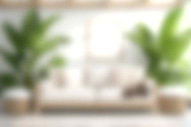 Parlak ve davetkar oturma odasında rahat bir kanepe, şık yastıklar ve büyük yeşil bitkiler serin ve modern bir ev ortamı yaratıyor..