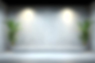 Yumuşak ışıklandırma ve yeşil bitkilerin yer aldığı parlak ve modern stüdyo, yaratıcı projeler ve profesyonel sunumlar için ideal. Çeşitli kullanımlar için çok yönlü bir arkaplan.