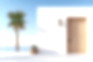 Bu resim, beyaz duvarlar, ahşap bir kapı ve parlak mavi bir gökyüzünün altında sükunet ve rahatlamayı çağrıştıran bir palmiye ağacının yer aldığı modern bir mimari tasarımı sergiliyor..