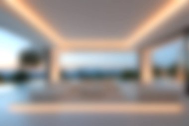 Yumuşak ortam aydınlatması ve çarpıcı manzaralı modern bir minimalist iç tasarım. Bu dingin alan günbatımında zarafet ve sükuneti yakalar..