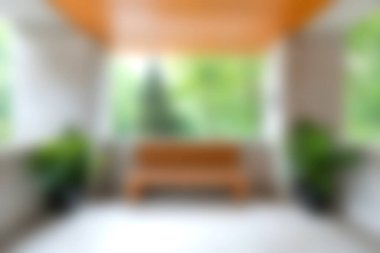 Doğal ışıkla yıkanmış sakin bir oturma alanı, ahşap bir bank ve yemyeşil bitkiler, rahatlama ve sükunet için mükemmel..