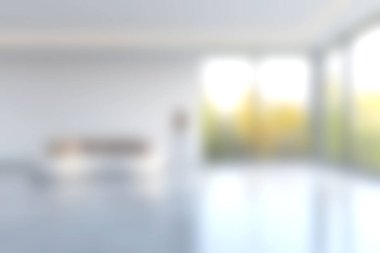 Bölgeyi doğal ışıkla dolduran geniş pencereli parlak ve ferah bir oturma odası. Minimalist tasarım davetkar ve sakin bir atmosfer yaratır..