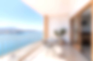 Modern bir balkon nefes kesici bir okyanus manzarası sergiliyor. Doğal ışıkla yıkanmış, dinlenmek ve rahatlamak için ideal sakin bir atmosfer yaratıyor..