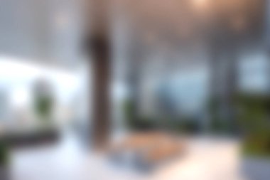 Soyut tasarım, parlak ışıklandırma ve doğal yeşil elementlerin yer aldığı modern bir kapalı mekanın çarpıcı bir görüntüsü, sakin bir atmosfer yaratıyor..