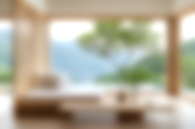 Ahşap elementlerin ve doğal manzaranın olduğu sakin, minimalist bir oturma odası. Yumuşak ışıklandırma rahatlamanın huzurlu atmosferini arttırır..