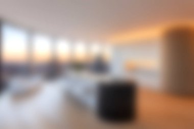 Yerden tavana pencerelerin nefes kesici günbatımı manzarasını gösteren rahat ve modern bir oturma odası. Mekan minimalist dekorla tasarlandı, sıcaklık ve zarafet sunuyor..