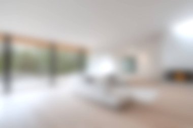 Parlak ve ferah modern oturma odası büyük pencereli minimalist tasarımı sergiliyor, doğal ışık getiriyor, sakin ve davetkar bir atmosfer yaratıyor..