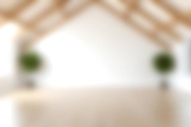 Ahşap kirişler ve saksı yeşili bitkilerin yer aldığı parlak ve havadar modern bir iç mekan, minimalist tasarım için mükemmel. Yaratıcı alanlar için ideal.