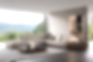 Bu resim, çevresindeki manzaranın bol doğal ışığı ve çarpıcı manzarasıyla minimalist bir dizaynın yer aldığı modern bir oturma odasını gösteriyor..