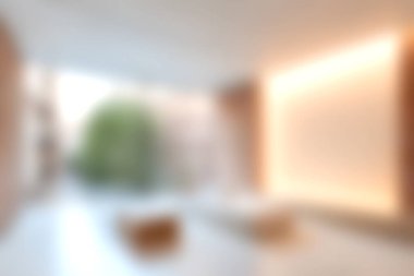 Bu resim doğal ışıkla dolu modern bir minimalist iç mekan sergiliyor, yumuşak renkler ve huzurlu bir yaşam alanı yaratan sakin elementler içeriyor..