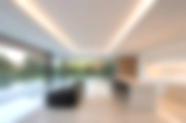 Bu resim, doğal ışığı davet eden geniş pencereli modern bir minimalist oturma odasını sergiliyor. Huzurlu ve rahatlatıcı bir ortam yaratıyor..