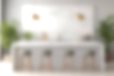 Modern minimalist bir mutfağın büyüleyici görüntüsü şık bar tabureleri, taze yeşil bitkiler ve mutfak yaratıcılığı için mükemmel, davetkar bir atmosfer..