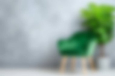 Bu resim, yumuşak gri bir duvara karşı dekoratif bir bitkinin yanında, canlı doğal elementlerle modern iç atmosferi geliştiren zarif bir yeşil sandalyeye sahiptir..