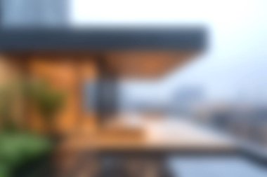 Bulanık bir modern mimari teras manzarası, sisli şehir manzarasının ortasında sakin bir açık alan sergiliyor, sükuneti ve minimalist tasarımı vurguluyor..