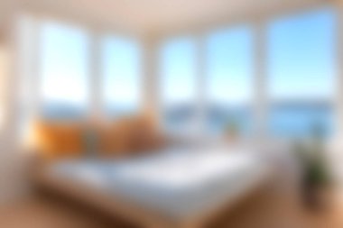 Sakinleştirici doğal ışık ve rahatlatıcı süslemelerle dolu çarpıcı bir okyanus manzarası olan geniş pencereli modern bir yatak odası..