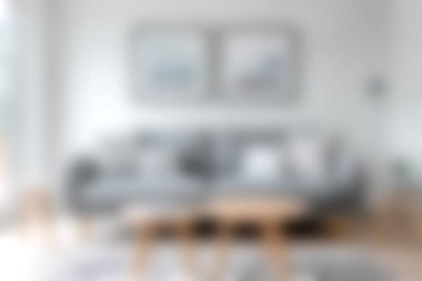 Güzel tasarlanmış, rahat gri bir kanepe, minimalist bir dekor ve uzay atmosferini güzelleştiren doğal bir ışık barındıran modern bir oturma odası..