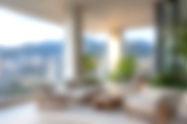 Bu resim modern bir oturma odasını, şık mobilyaları ve çarpıcı şehir manzarasıyla sergiliyor. Parlak ve davetkar bir atmosfer yaratıyor. Rahatlamak için mükemmel..