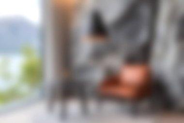 Deri bir sandalye, doğal taş duvar ve manzaralı manzaralı modern bir oturma odası. Bu alan sıcaklık ve konfor yayar, rahatlamak için ideal..