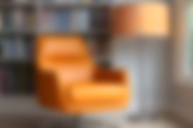 Konforlu turuncu bir koltuk, modern bir iç mekanda okumak veya dinlenmek için sıcak ve davetkar bir alan yaratan, bir kitaplığın yanında şık bir zemin lambasını tamamlar..