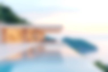 A stunning view of a luxury resort pool at sunset, showcasing the serene reflection of the sky in clear water. Ideal for relaxation themes.