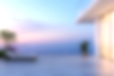 Modern mimari, yumuşak günbatımı renkleri ve rahatlamak ve kaçmak için mükemmel sakin bir atmosfer içeren rüya gibi bir deniz manzarası deneyin..