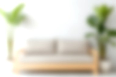 Açık renkli bir kanepenin bulunduğu sakin ve modern bir oturma odası. Kapalı alandaki bitkilerle çevrili. Rahatlama ve tarz için davetkar bir atmosfer yaratıyor..