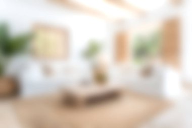 Parlak ve havadar oturma odasında modern mobilyalar ve doğal elementler var. Rahatlamak için mükemmel sakin bir atmosfer yaratıyorlar. Yumuşak odak, samimi hissi arttırır..