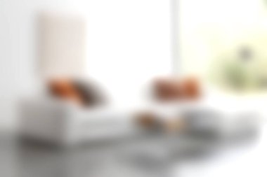 Minimalist mobilyalar ve şık yastıklarla dolu parlak ve havadar modern oturma odası, rahatlama ve çağdaş yaşam için ideal konforlu ve davetkar bir alan yaratıyor..