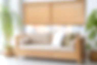 Bu şık modern oturma odası yumuşak yastıklarla süslenmiş, doğal dekor elementleri ve canlı iç mekan bitkileriyle tamamlanmış rahat bir kanepeye sahiptir..