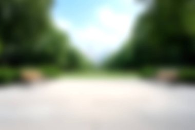 Berrak mavi gökyüzünün altında yemyeşil ve parlak ağaçlarla kaplı güzel bir park ortamında sakin bir patika. Rahatlamak ve doğa yürüyüşleri için mükemmel..