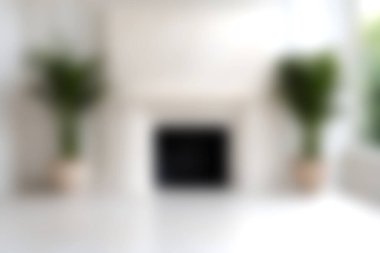 Dekoratif bitkilerin ve zarif bir şöminenin bulunduğu parlak ve modern bir minimalist oturma odası. Bu dingin alan rahatlamayı ve rahatlığı teşvik ediyor..