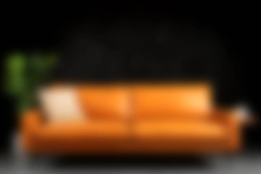 Dekoratif yastıklı şık turuncu deri bir kanepe. Kapalı alanda yemyeşil bir bitkiyle eşleştirilmiş. Siyah arka planda çok güzel zıtlıklar var. İç tasarım projeleri için ideal.