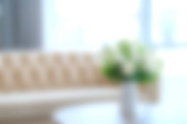 Zarif bir kanepeyi, parlak, davetkar bir odada, ev dekorasyonu için mükemmel bir çiçek aranjmanıyla gösteren yumuşak odaklı bir resim..