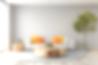 Bu resim, rahat oturma ve dekoratif bitkilerin yer aldığı parlak ve rahat bir oturma odasını gösteriyor. Mekan, modern estetiği davetkar renkler ve dokularla harmanlamak ve rahatlamak için tasarlandı..