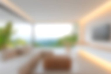 Parlak ve havadar oturma odası okyanus manzarası sunan, modern minimalist tasarım prensiplerini somutlaştıran geniş pencereli..